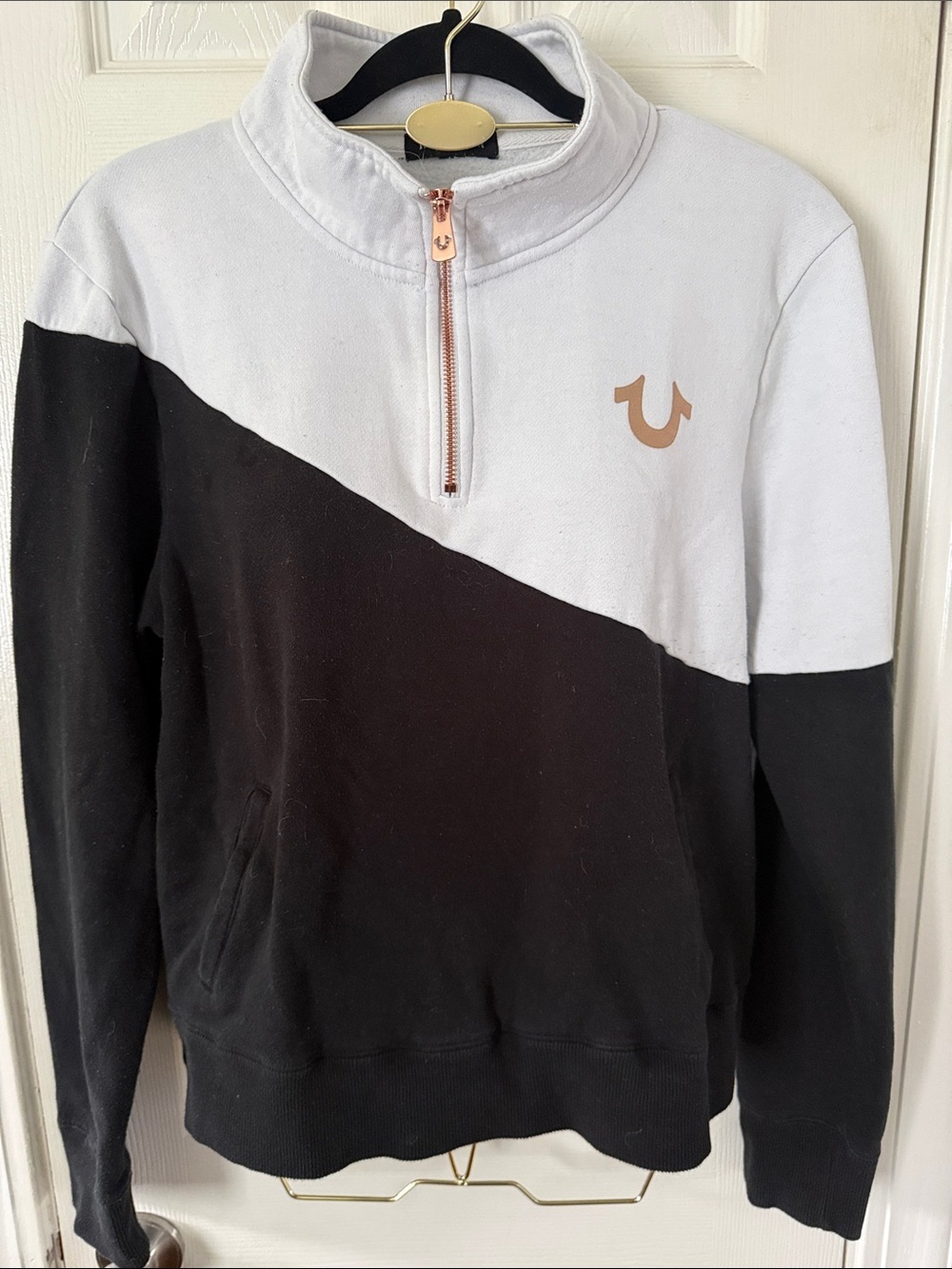 True Religion Diagonal Colorblock Quarter-Zip Pullover in White, Black  #529